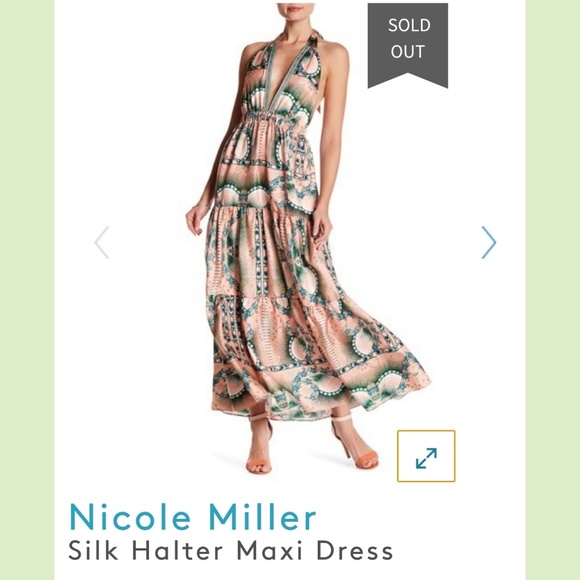 100% Silk Nicole Miller Artelier Low Open Back Boho Tropical Halter Maxi Dress - Picture 2 of 7